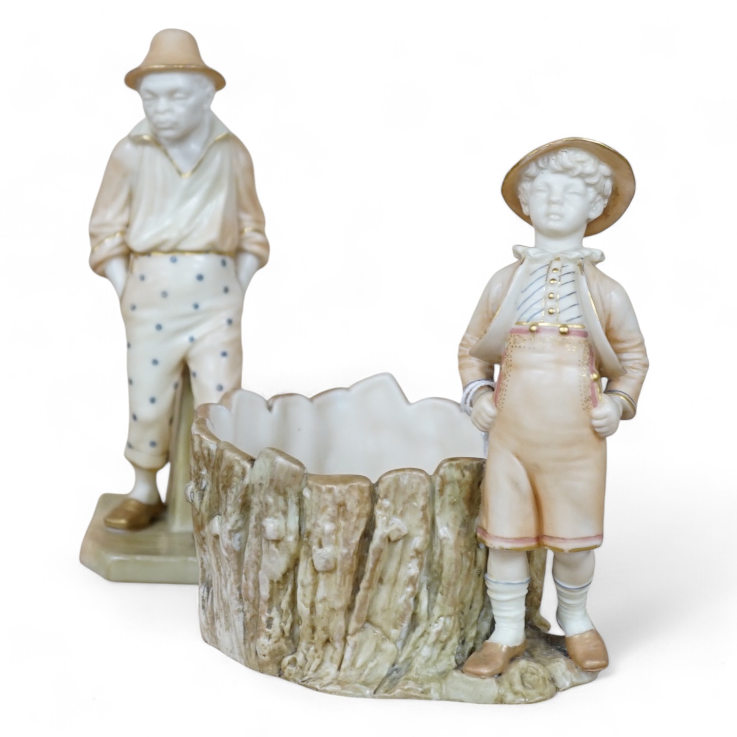 A Royal Worcester figure and a figural pot, model numbers 840 and 1242, tallest 17cm. Condition - pot cracked